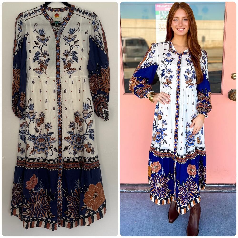 Farm Rio Off-White Ainika Maxi Floral Long Sleeve Midi Dress